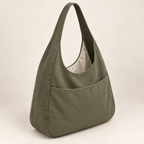 AI design preview: rear of the olive hobo bag with a matching broad slip pocket, continuous left side gusset and ivory lining