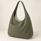 AI design preview: olive fabric hobo bag with one integrated shoulder loop, scooped open top and broad front slip pocket