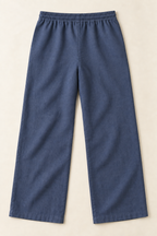 AI preview: plain rear of indigo men's linen trousers with a fully elastic waistband, wide straight legs and no back pockets.