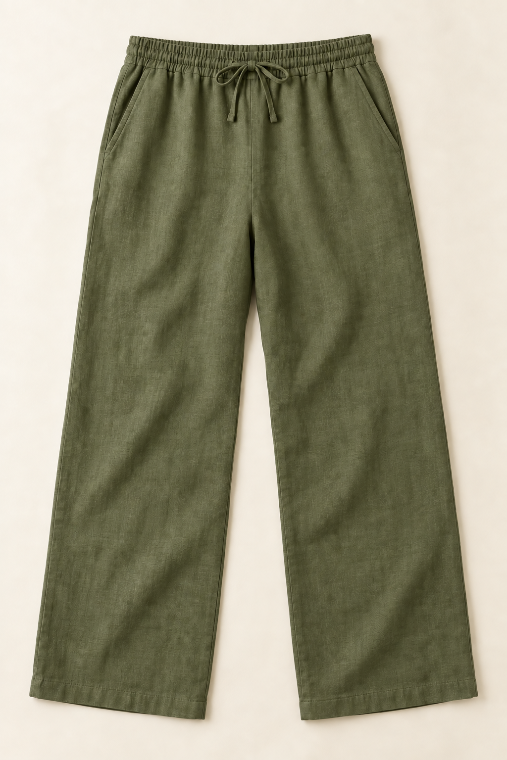 AI preview: warm olive version of the same men's drawstring linen trousers with slanted inset pockets and full-length legs.
