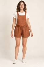 AI design preview: copper color of the same pointed-bib short overalls with two front patch pockets and gathered V joins