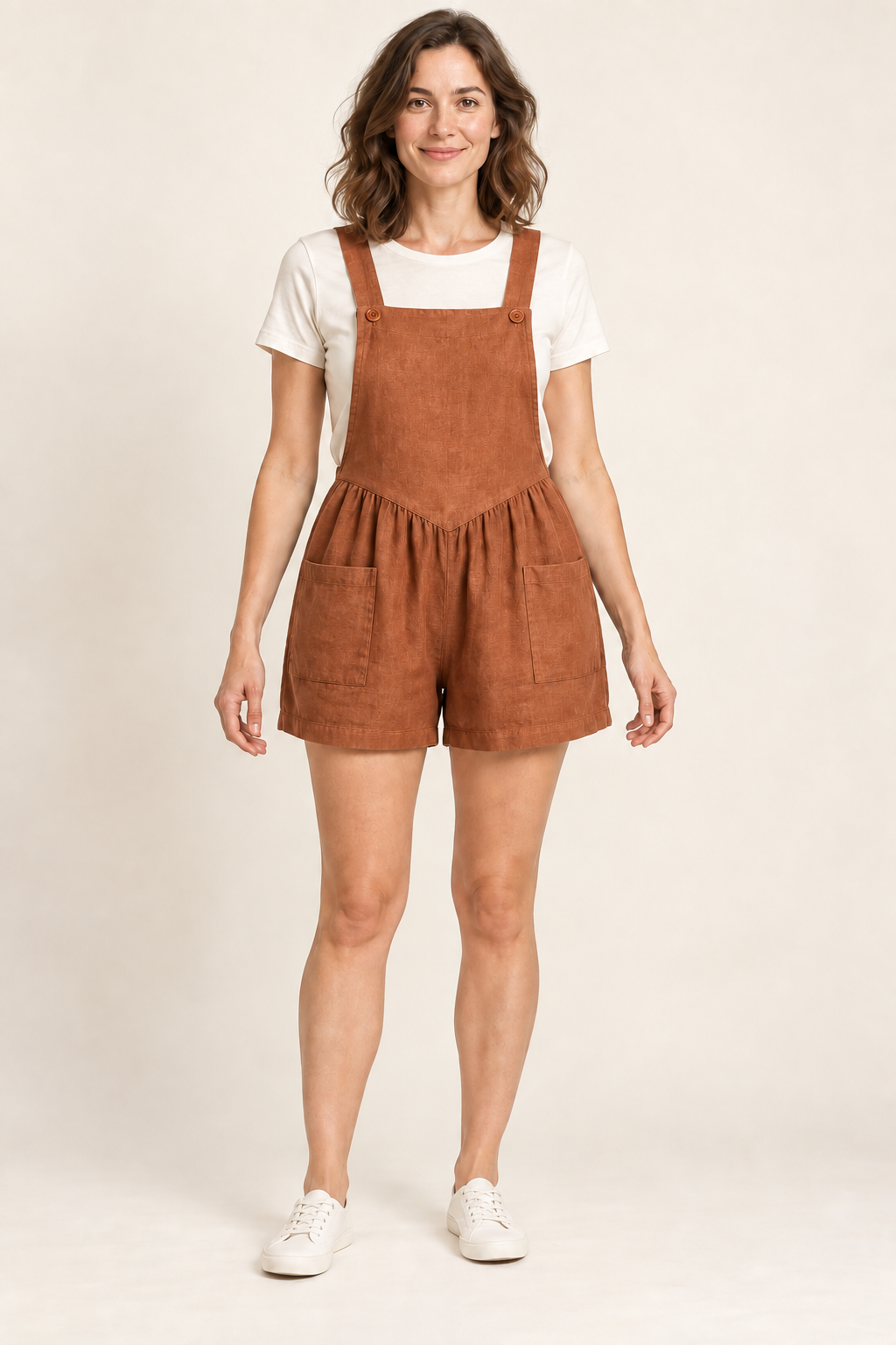 AI design preview: copper color of the same pointed-bib short overalls with two front patch pockets and gathered V joins