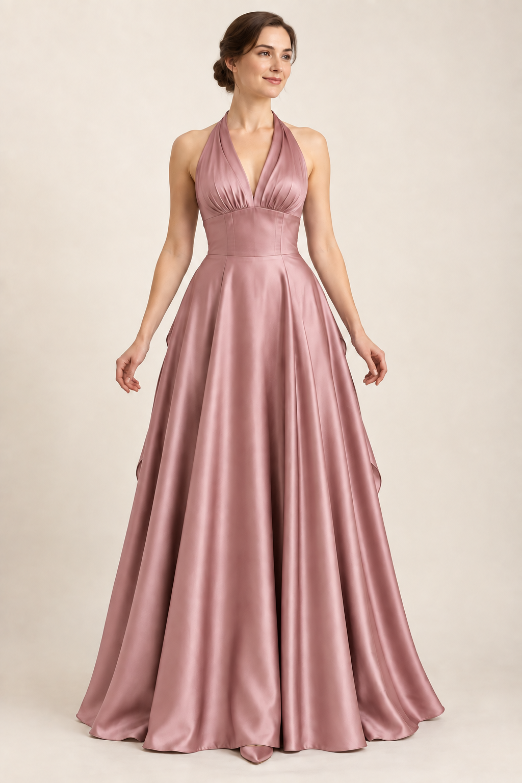 AI design preview: dusty rose color of the same halter back-drape gown, showing the gathered front and full closed skirt