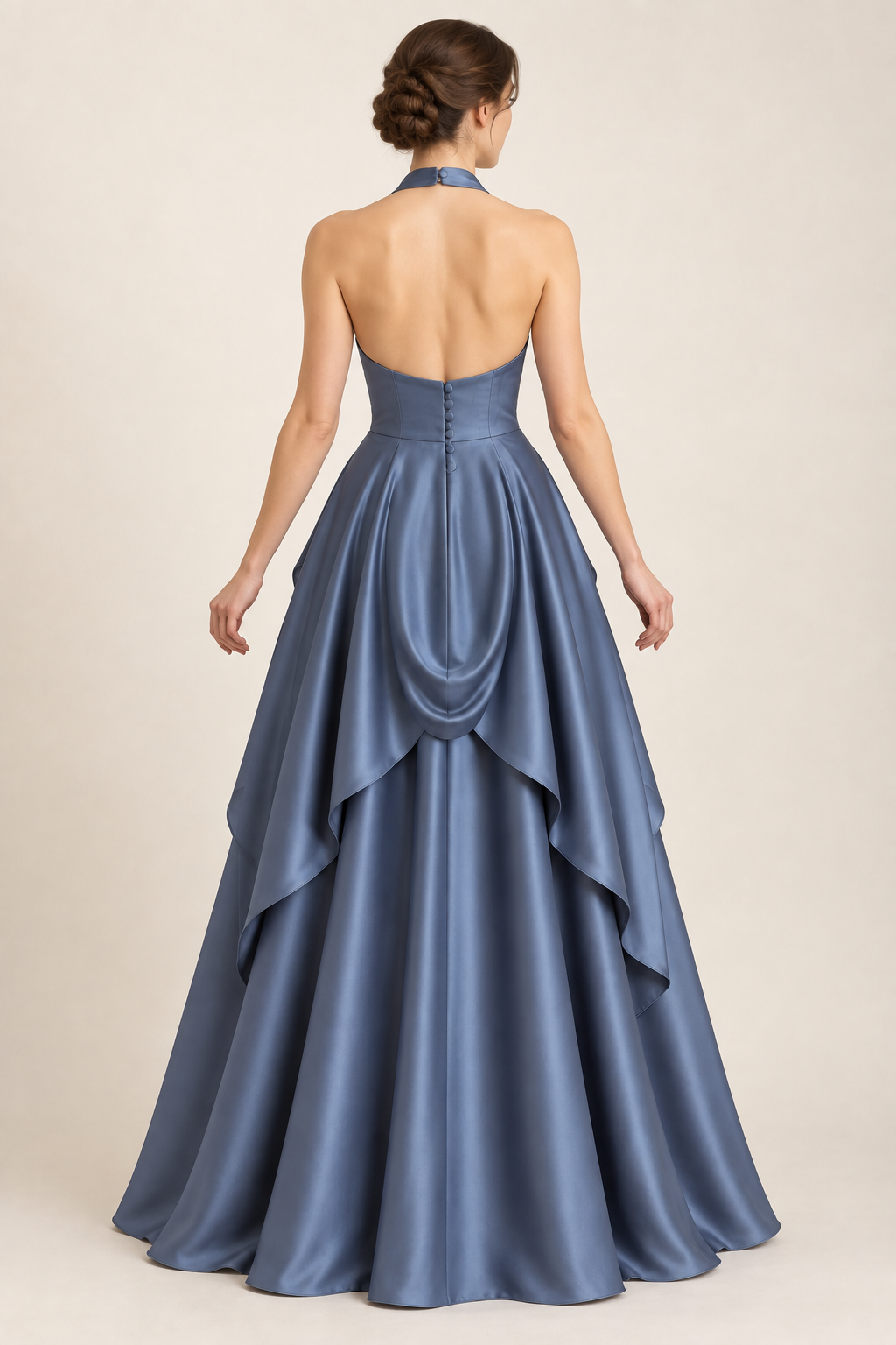 AI design preview: open back of sapphire halter gown, covered-button overlap and cascading rear overskirt over a closed base skirt