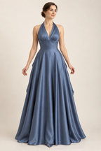 AI design preview: sapphire halter evening gown with gathered V-front bodice, shaped waist and a closed full-length flared skirt