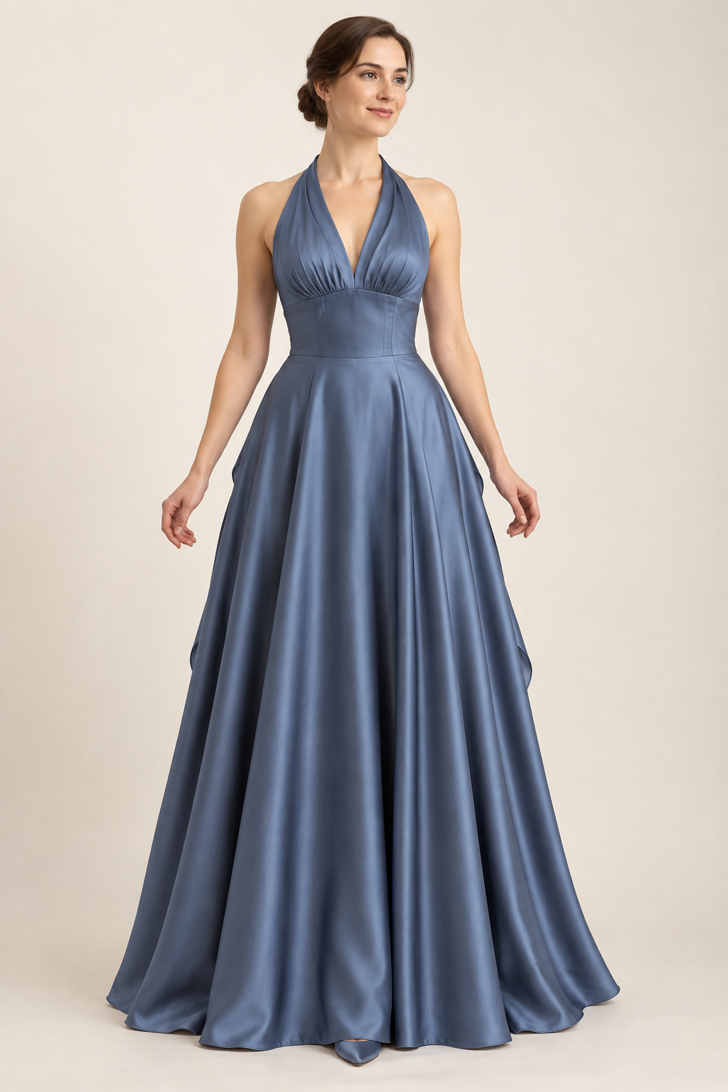 AI design preview: sapphire halter evening gown with gathered V-front bodice, shaped waist and a closed full-length flared skirt