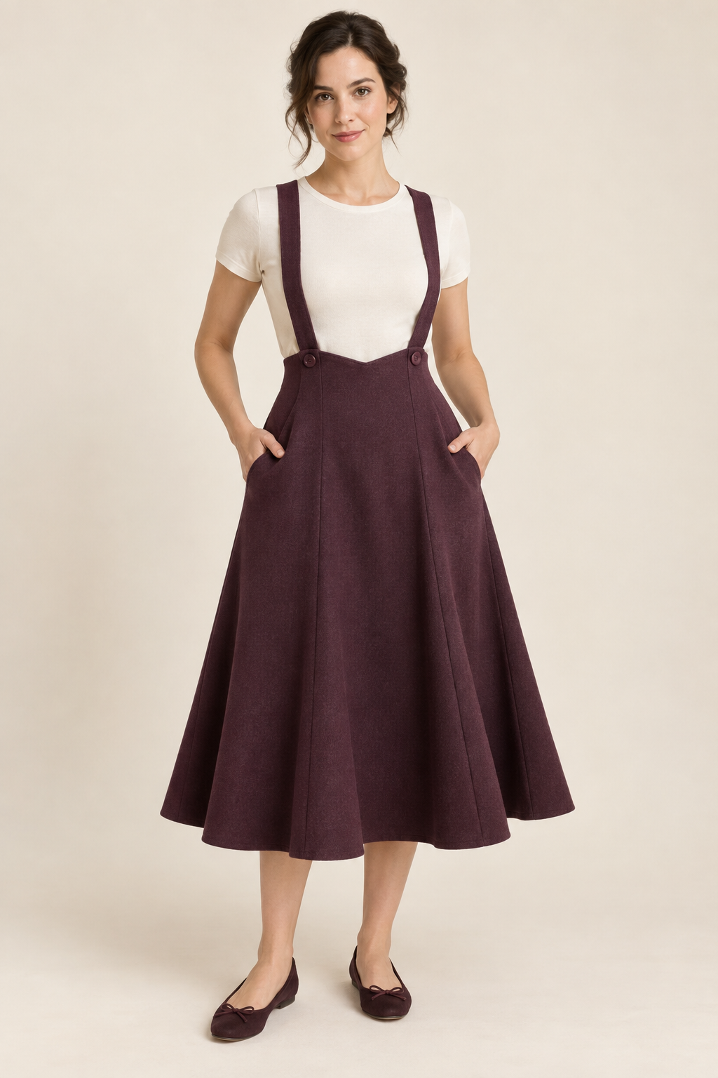 AI design preview: aubergine six-gore suspender skirt with an integral raised waist, shaped front edge, buttoned straps and calf-length flare