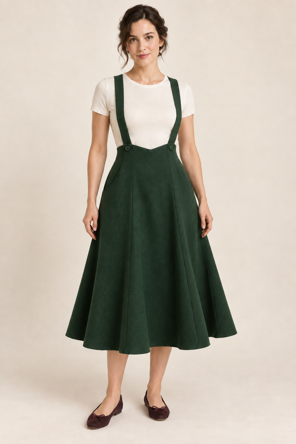 AI design preview: forest-green color of the same high-waist suspender skirt showing curved side-front pocket entries and a smooth flared hem