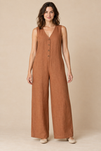AI preview: copper sleeveless linen jumpsuit with a V neckline, four front buttons and wide full-length legs.