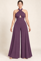 AI design preview: dusk plum color of the same cross-halter palazzo jumpsuit with gathered upper panels and a smooth fitted midriff