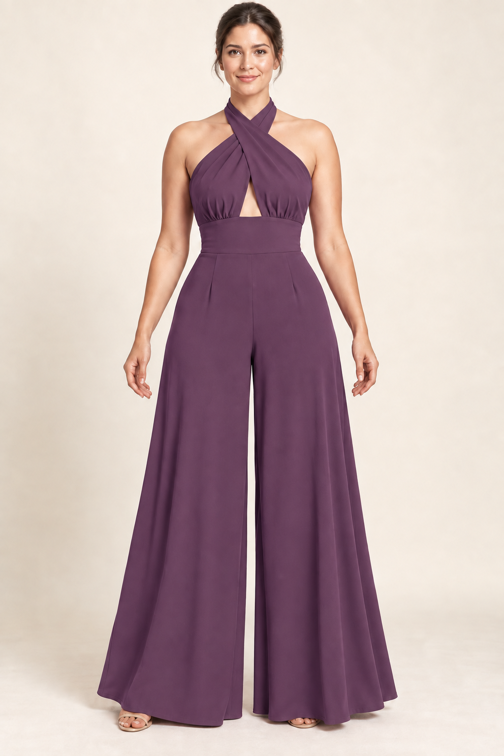 AI design preview: dusk plum color of the same cross-halter palazzo jumpsuit with gathered upper panels and a smooth fitted midriff