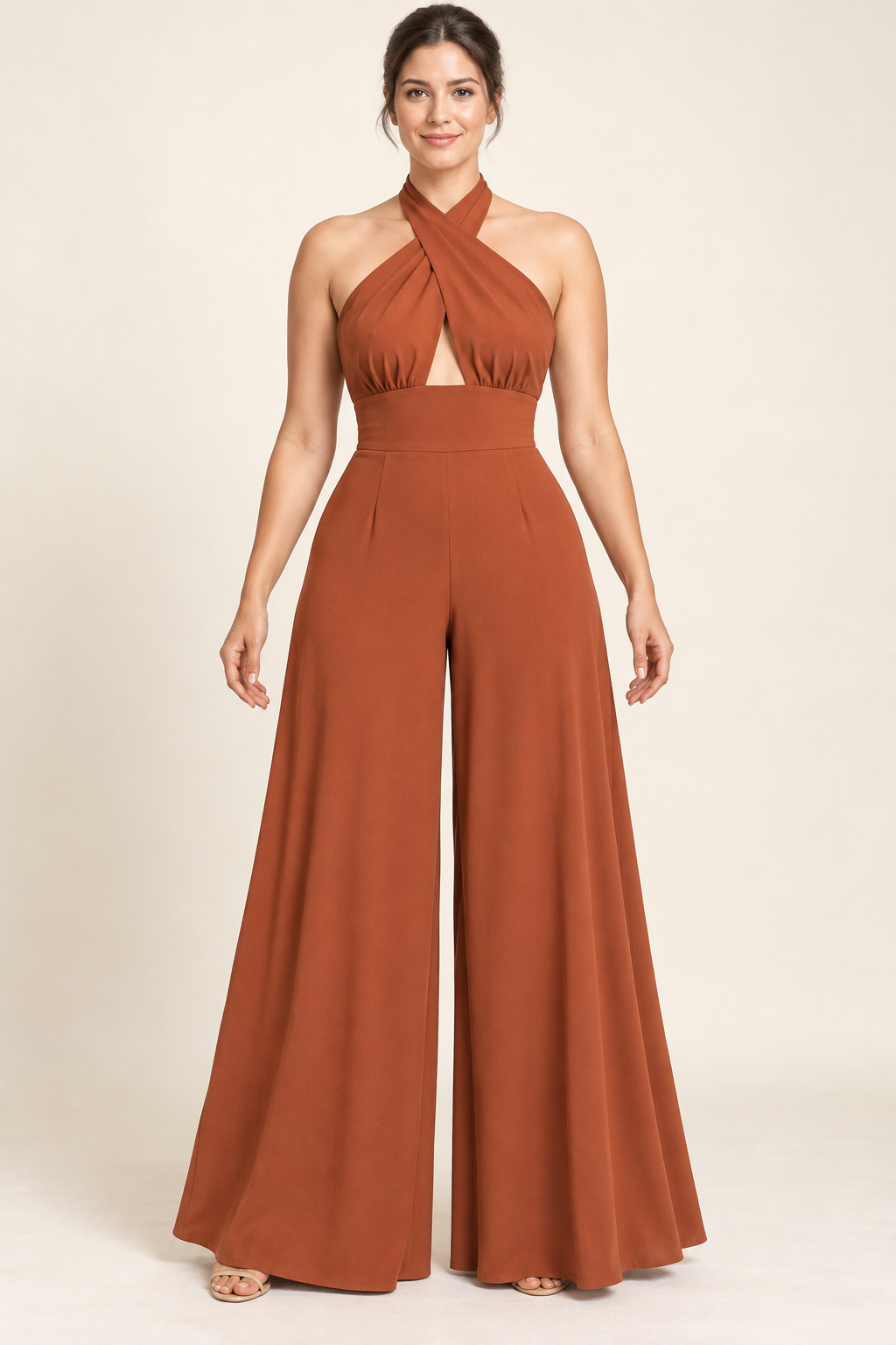 AI design preview: burnt-sienna cross-halter jumpsuit with a small triangular front opening, fitted midriff and flared palazzo legs