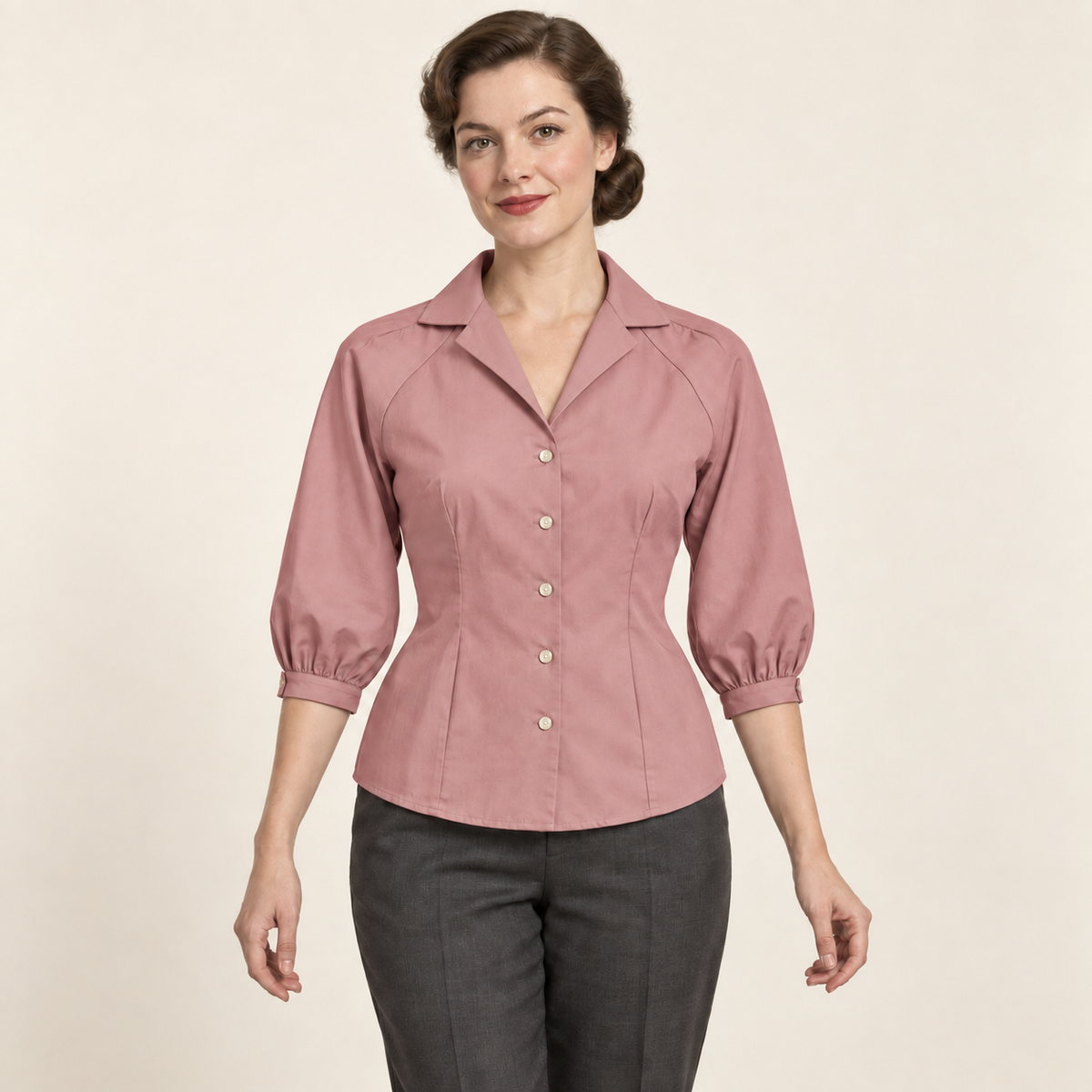 AI design preview: dusty rose raglan blouse with the same convertible collar folded open and matching three-quarter gathered cuffs
