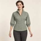 AI design preview: sage raglan blouse with upright convertible collar, five front buttons, waist darts and three-quarter cuffed sleeves