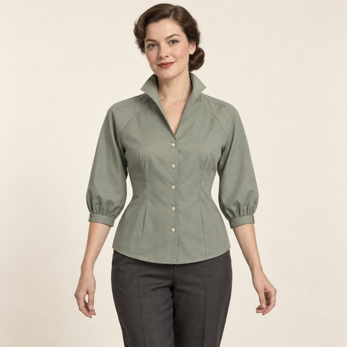 AI design preview: sage raglan blouse with upright convertible collar, five front buttons, waist darts and three-quarter cuffed sleeves