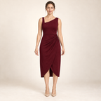 AI design preview: deep claret version of the ruched tulip midi dress with left-hip gathering and a fixed overlapping skirt