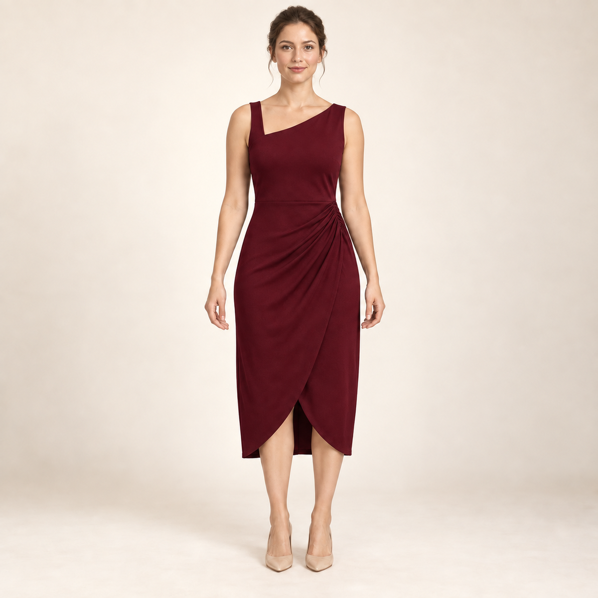 AI design preview: deep claret version of the ruched tulip midi dress with left-hip gathering and a fixed overlapping skirt