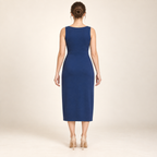 AI design preview: rear of sapphire tulip midi dress with a high round neckline, waist seam and plain straight skirt