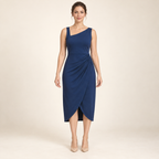 AI design preview: sapphire ruched tulip midi dress with two covered shoulders, diagonal front neckline and fixed curved skirt overlap