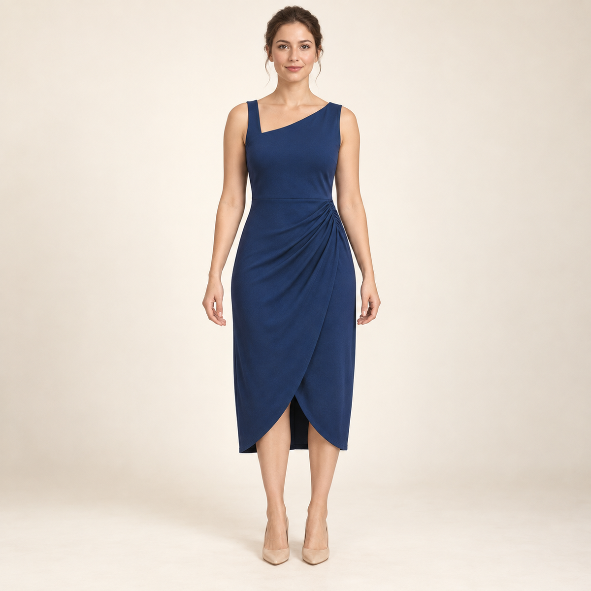 AI design preview: sapphire ruched tulip midi dress with two covered shoulders, diagonal front neckline and fixed curved skirt overlap