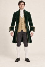 AI design preview: forest green and antique-gold version of the same mens historical-inspired costume ensemble with charcoal knee breeches