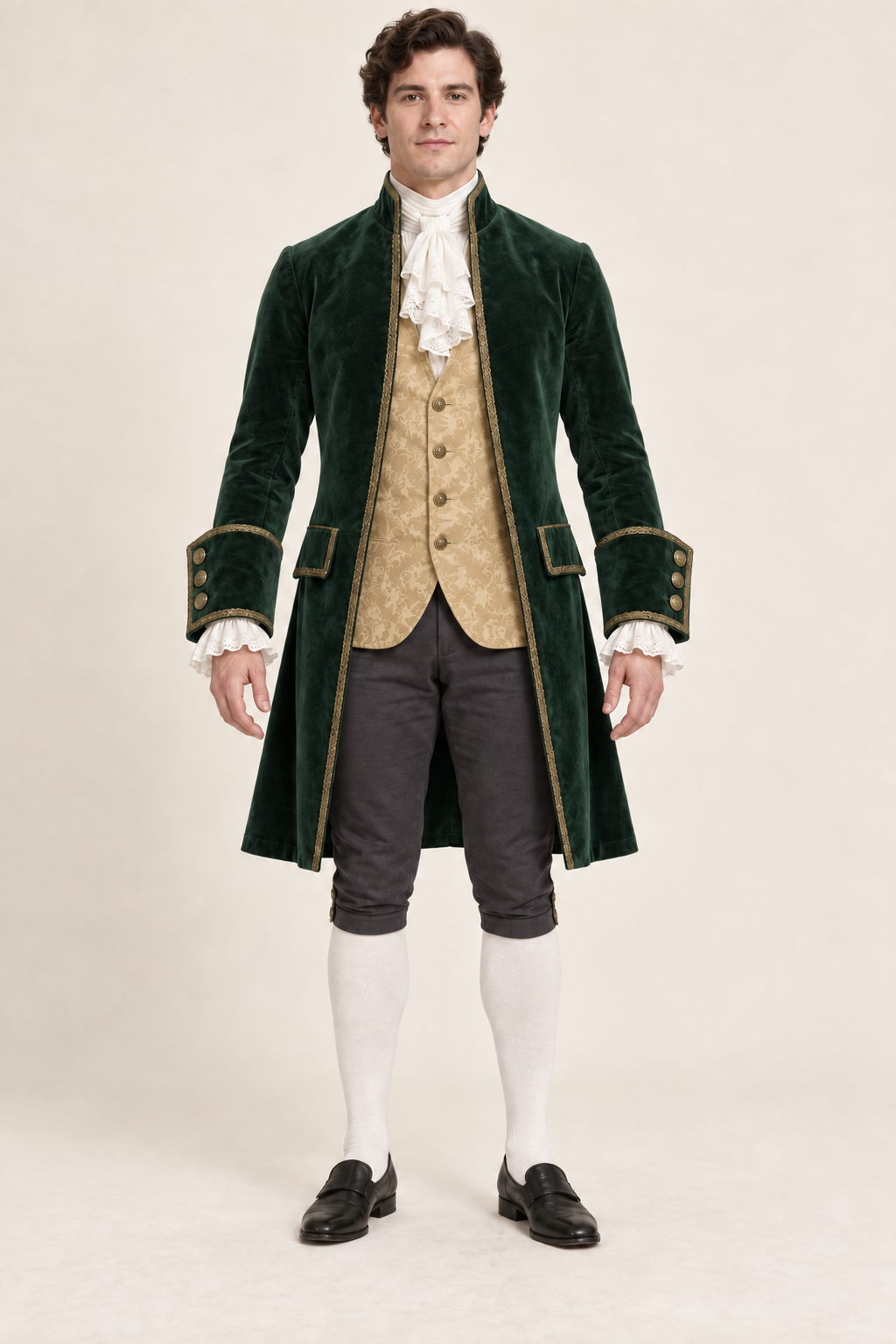 AI design preview: forest green and antique-gold version of the same mens historical-inspired costume ensemble with charcoal knee breeches