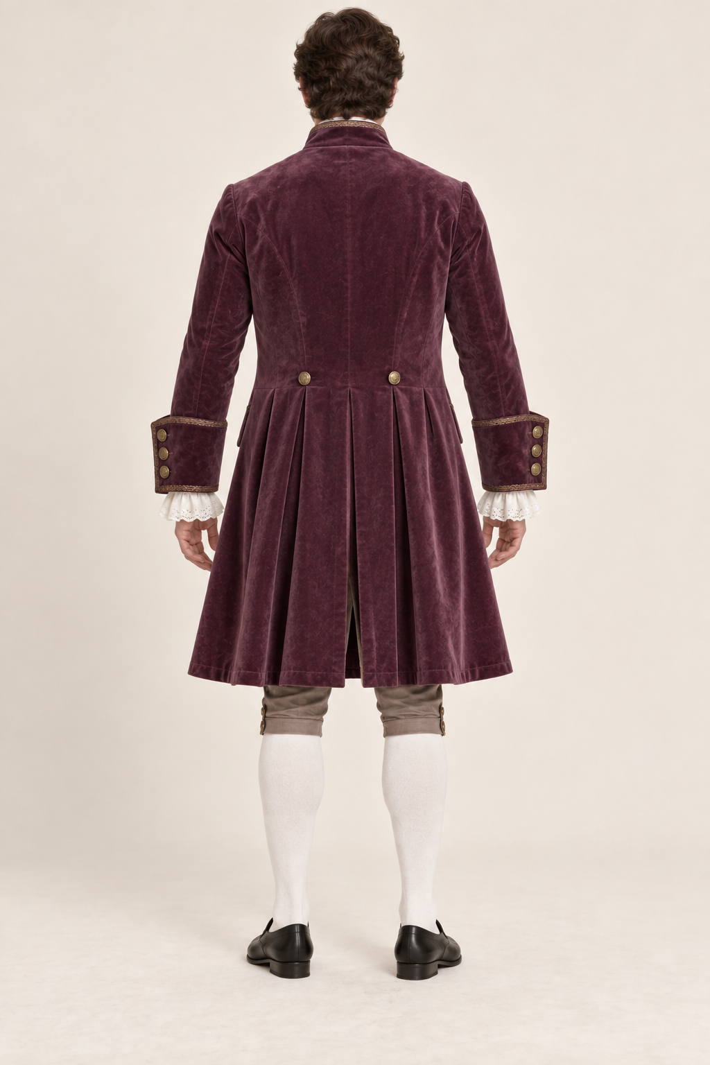 AI design preview: rear of the plum costume coat with curved back shaping, two waist buttons, pleated skirt and broad turned cuffs