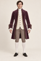 AI design preview: front of plum eighteenth-century inspired mens coat over a four-button ivory waistcoat, taupe knee breeches and ivory jabot and wrist frills