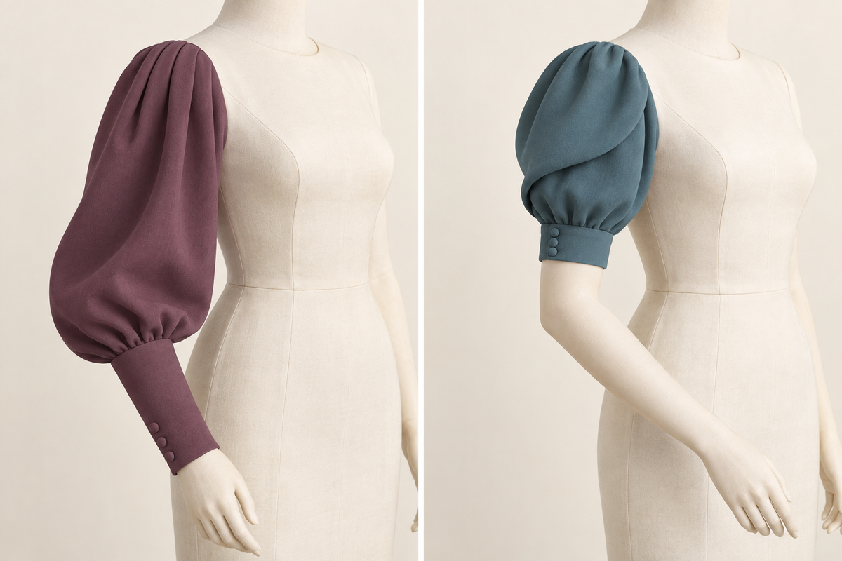 AI design preview: two sleeve options, mulberry tucked puff with a long wrist cuff and teal short layered puff with a narrow button cuff