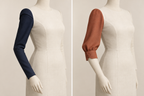 AI design preview: navy curved-cap slim long sleeve beside a copper elbow-full sleeve with a pointed short button cuff