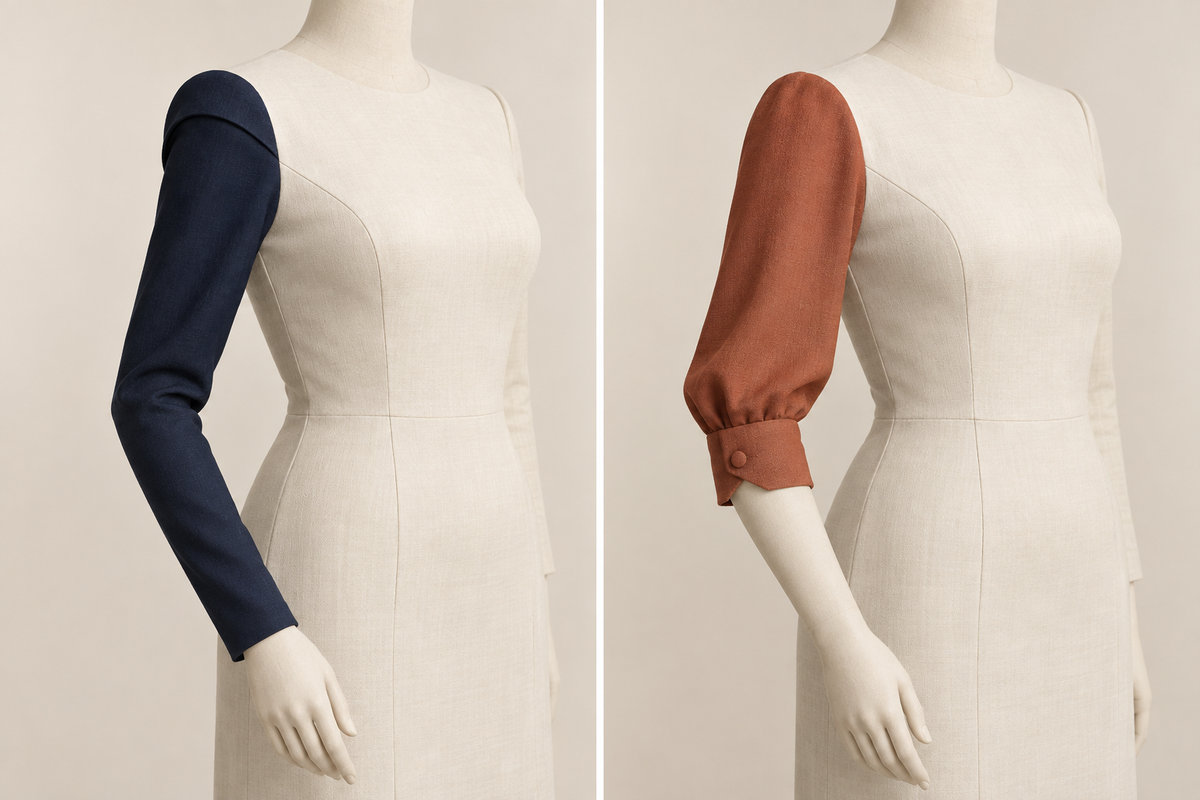 AI design preview: navy curved-cap slim long sleeve beside a copper elbow-full sleeve with a pointed short button cuff