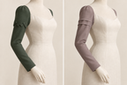AI design preview: green slim long sleeve with a zigzag upper panel and two buttons beside a mauve sleeve with two horizontal upper-arm folds