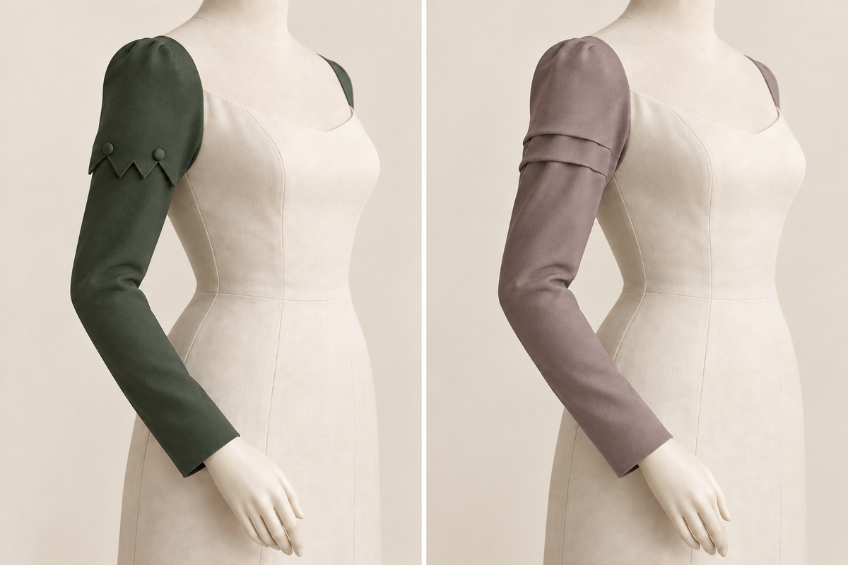 AI design preview: green slim long sleeve with a zigzag upper panel and two buttons beside a mauve sleeve with two horizontal upper-arm folds