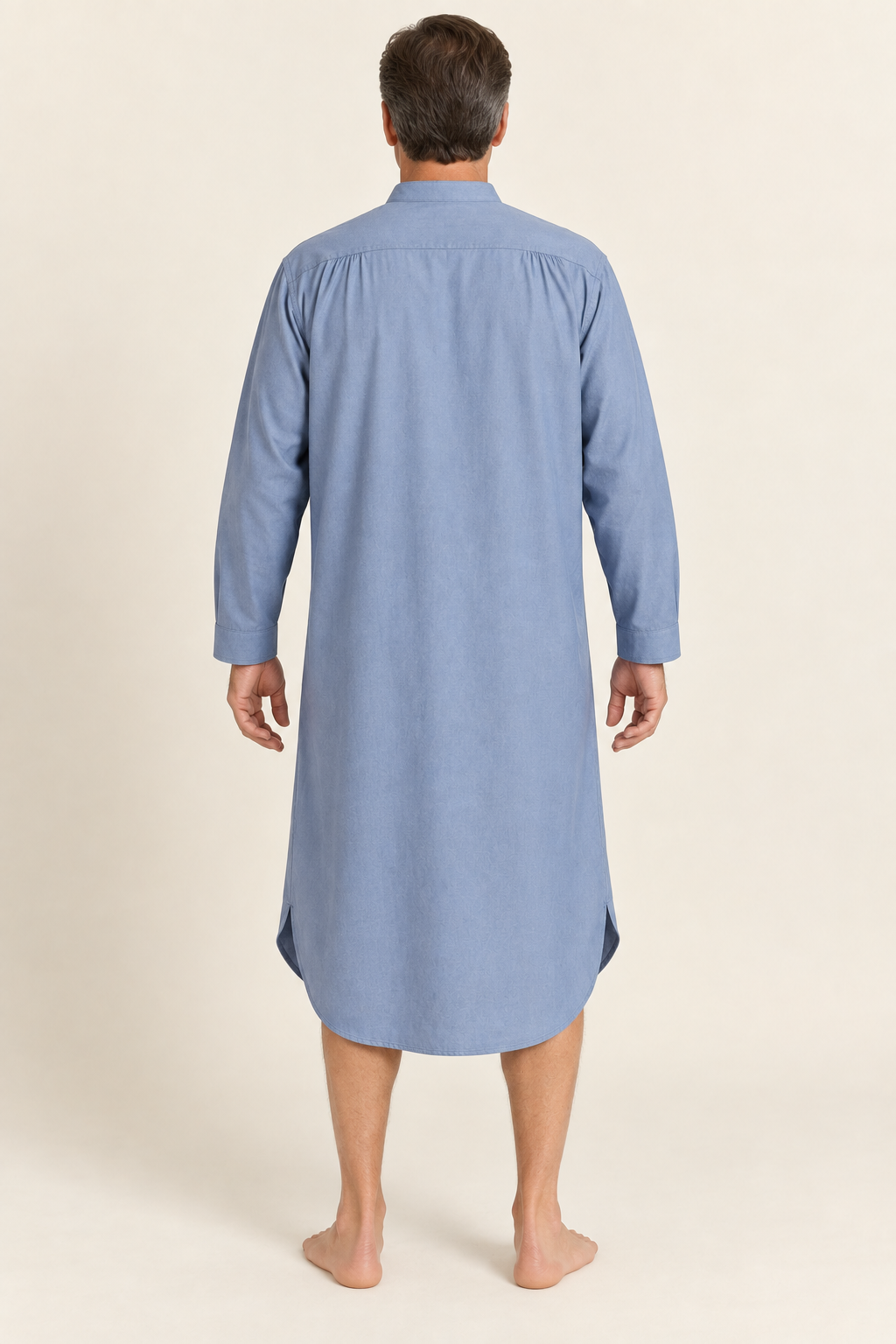 AI design preview: rear of the blue nightshirt showing a shoulder yoke, gentle fullness and plain long body