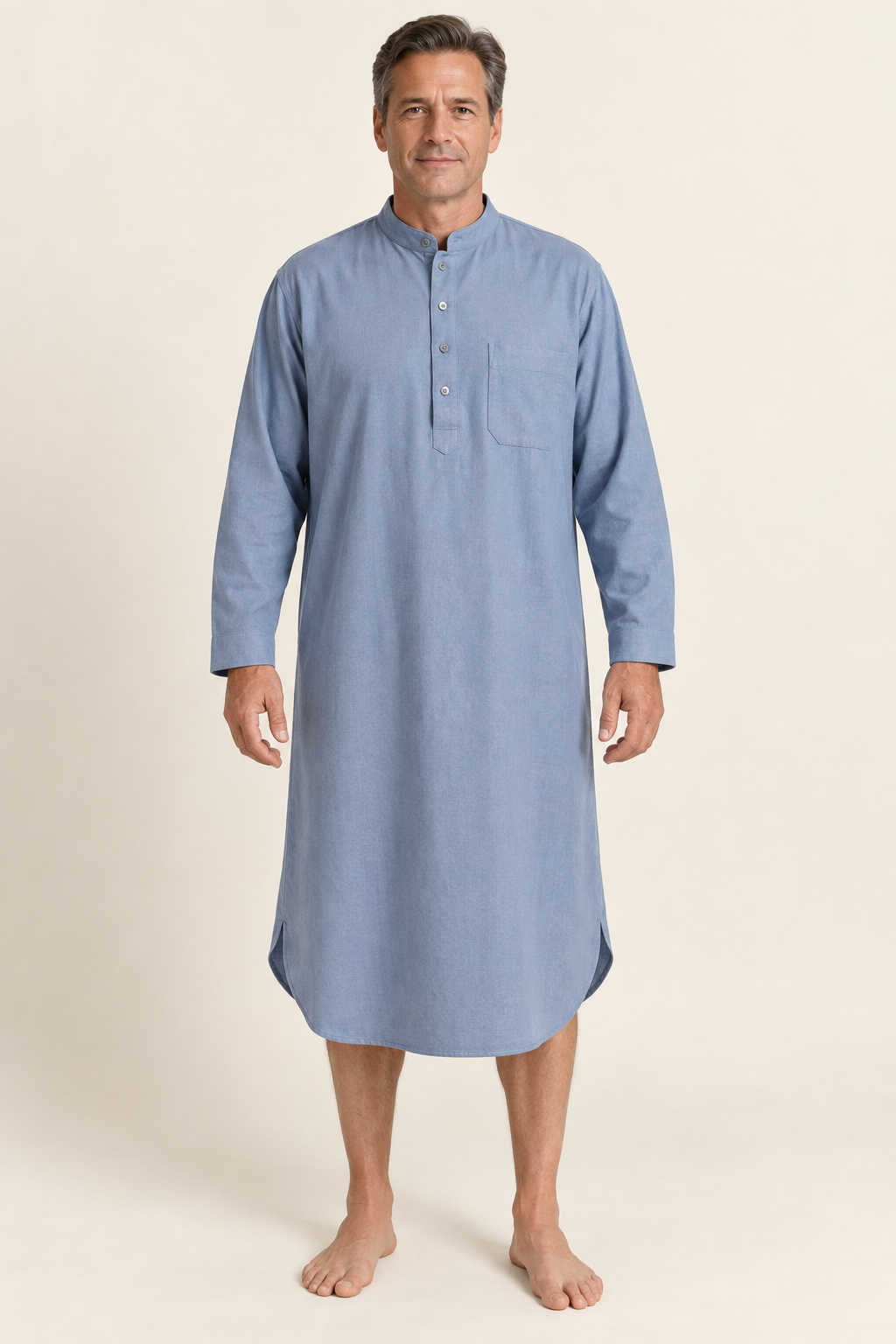 AI design preview: dusty blue men's band-collar nightshirt with short button placket, chest pocket and curved long hem