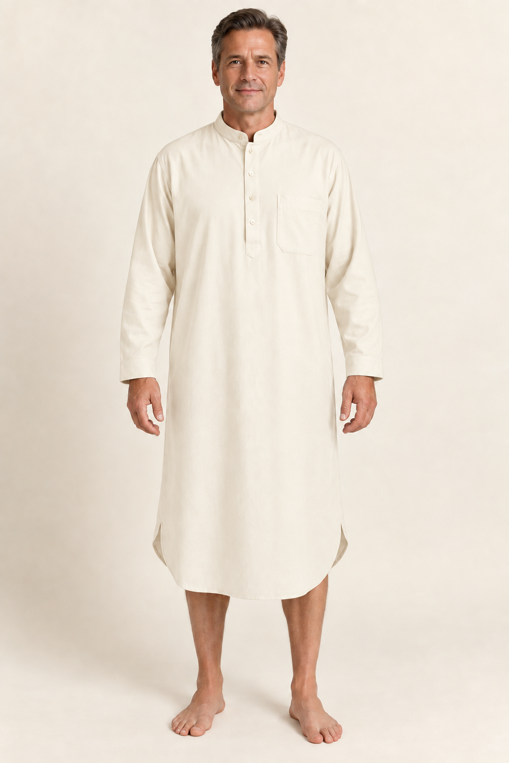 AI design preview: warm ivory color of the same men's band-collar nightshirt with plain cuff bands
