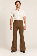 AI design preview: tobacco brown version of the same front patch-pocket mens flared trousers