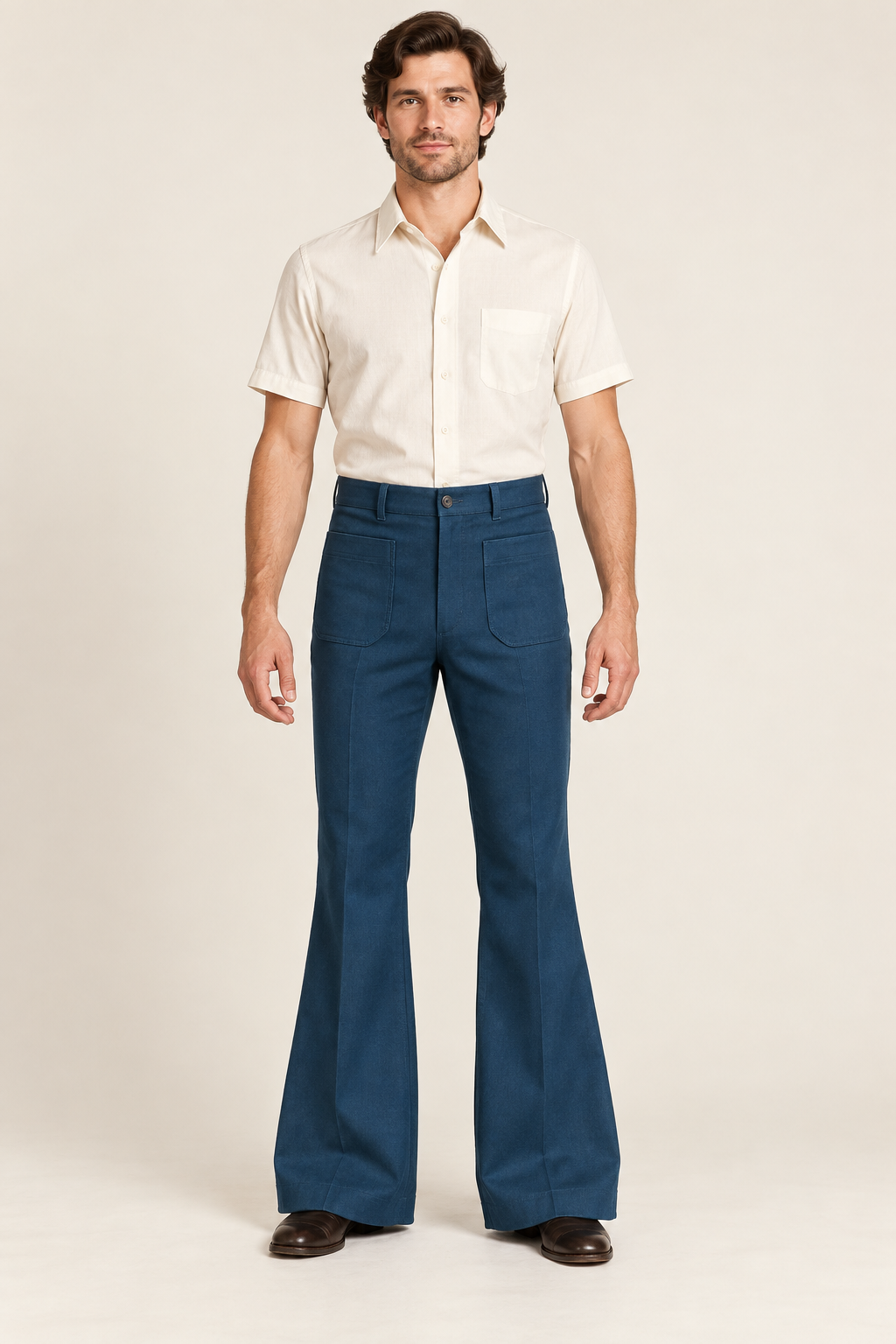 AI design preview: front of petrol blue mens flared trousers with a fitted button waist and two rounded front patch pockets