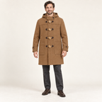 AI design preview: camel version of the same men’s hooded toggle coat with patch pockets and wrist tabs