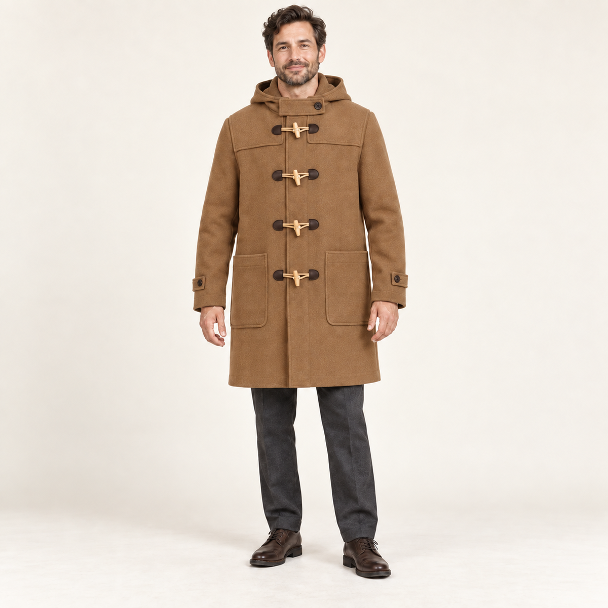 AI design preview: camel version of the same men’s hooded toggle coat with patch pockets and wrist tabs