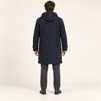 AI design preview: navy duffle coat rear with hood, shoulder reinforcement, center seam and uninterrupted knee-length hem