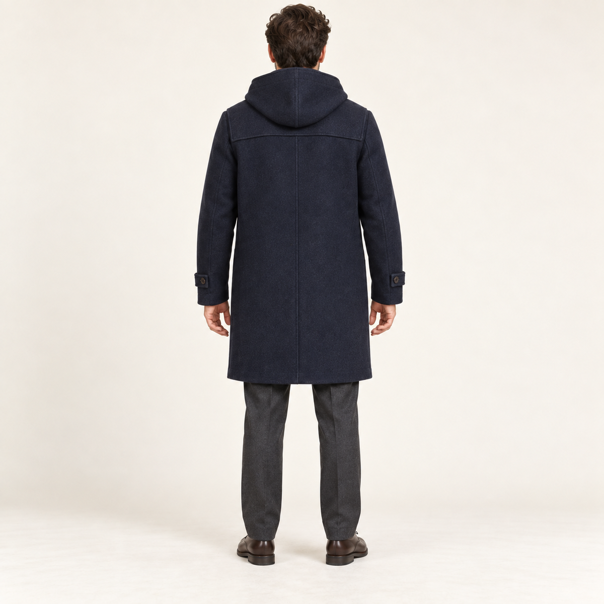 AI design preview: navy duffle coat rear with hood, shoulder reinforcement, center seam and uninterrupted knee-length hem