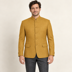 AI design preview: golden ochre version of the same fitted five-button Nehru jacket with stand collar
