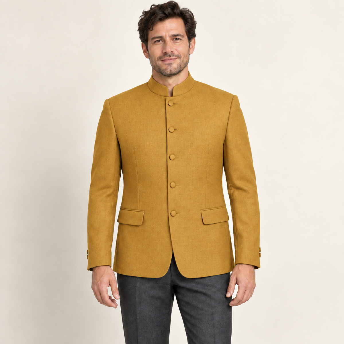 AI design preview: golden ochre version of the same fitted five-button Nehru jacket with stand collar
