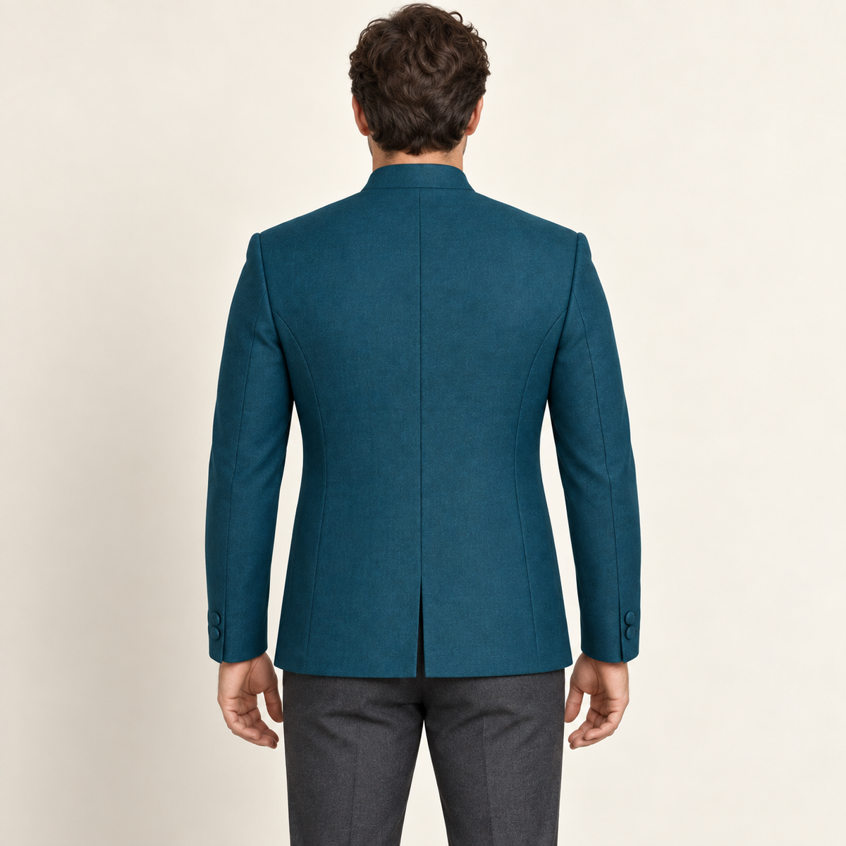 AI design preview: teal Nehru jacket rear showing shaped seams, two-piece sleeves and a short center-back vent