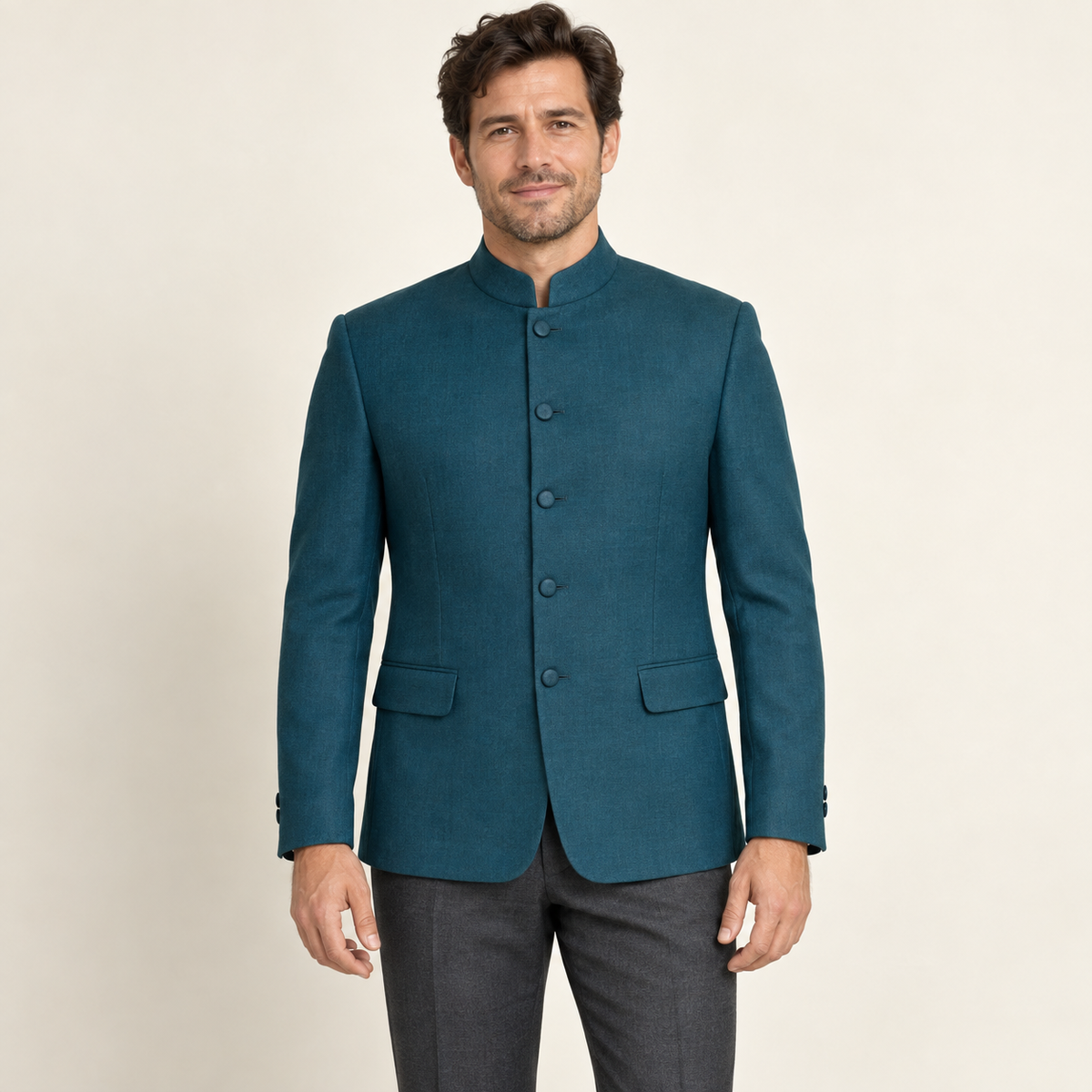 AI design preview: teal men’s Nehru jacket with short stand collar, five buttons and two lower flap pockets