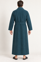 AI design preview: rear of the teal robe showing diagonal raglan seams, a plain back and a self-fabric sash