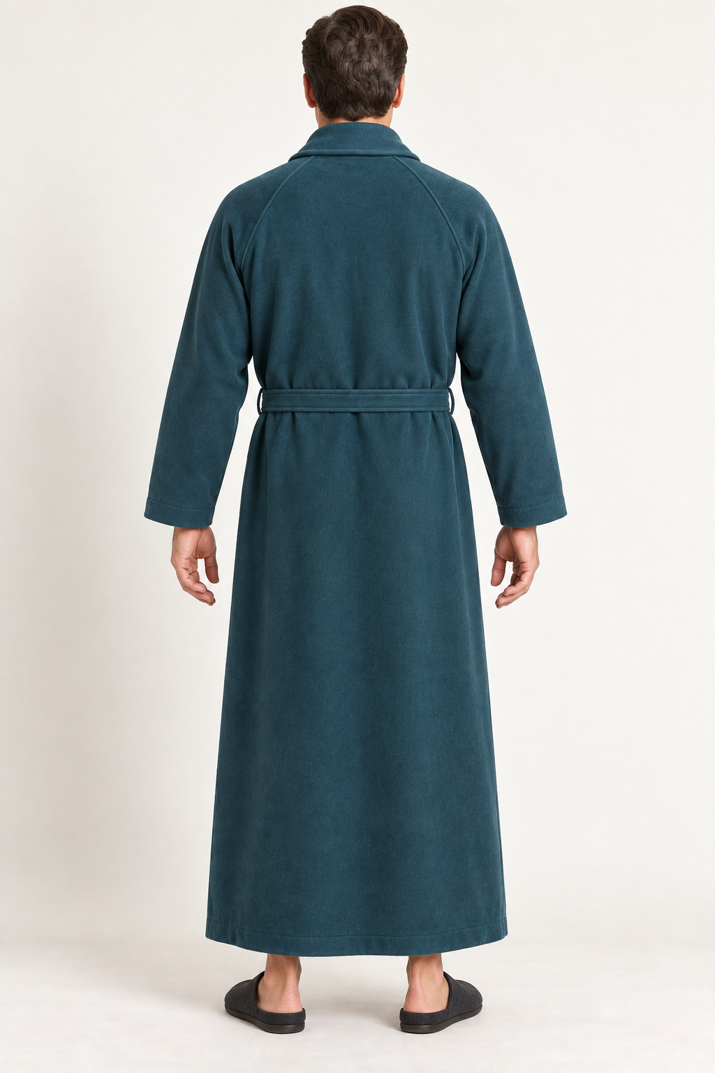 AI design preview: rear of the teal robe showing diagonal raglan seams, a plain back and a self-fabric sash