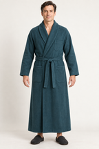 AI design preview: petrol teal men's shawl-collar robe with diagonal raglan joins, three banded patch pockets and tie sash