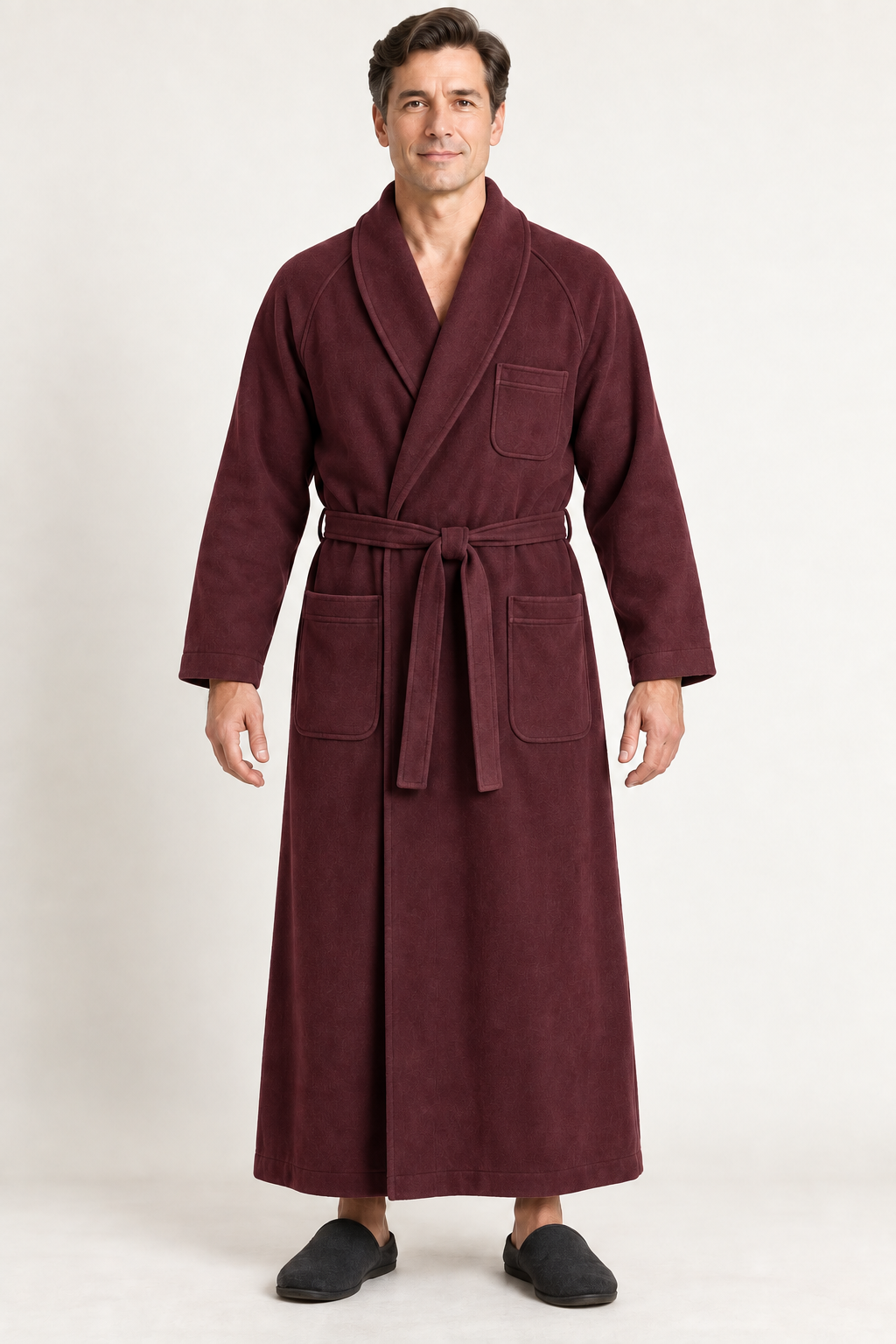 AI design preview: muted wine color of the same long men's raglan-sleeve shawl-collar robe